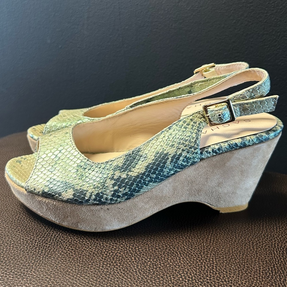 Sacha London Green Snake-Print Slingback Wedge Sandals